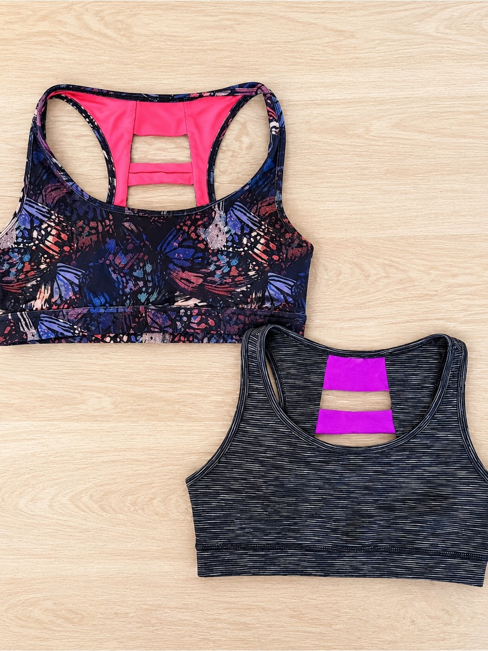 Women’s Strappy Back Sports Bra Set of 2– Black Heather with Pink Accent